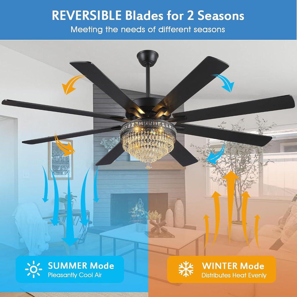 GJeg Crystal Ceiling Fan Fandelier with Lights - Outdoor Ceiling Fans with Remote Control, Farmhouse Ceiling Fan with Noiseless DC Reversible Motor,Dining Room,Living Room(72' Black)
