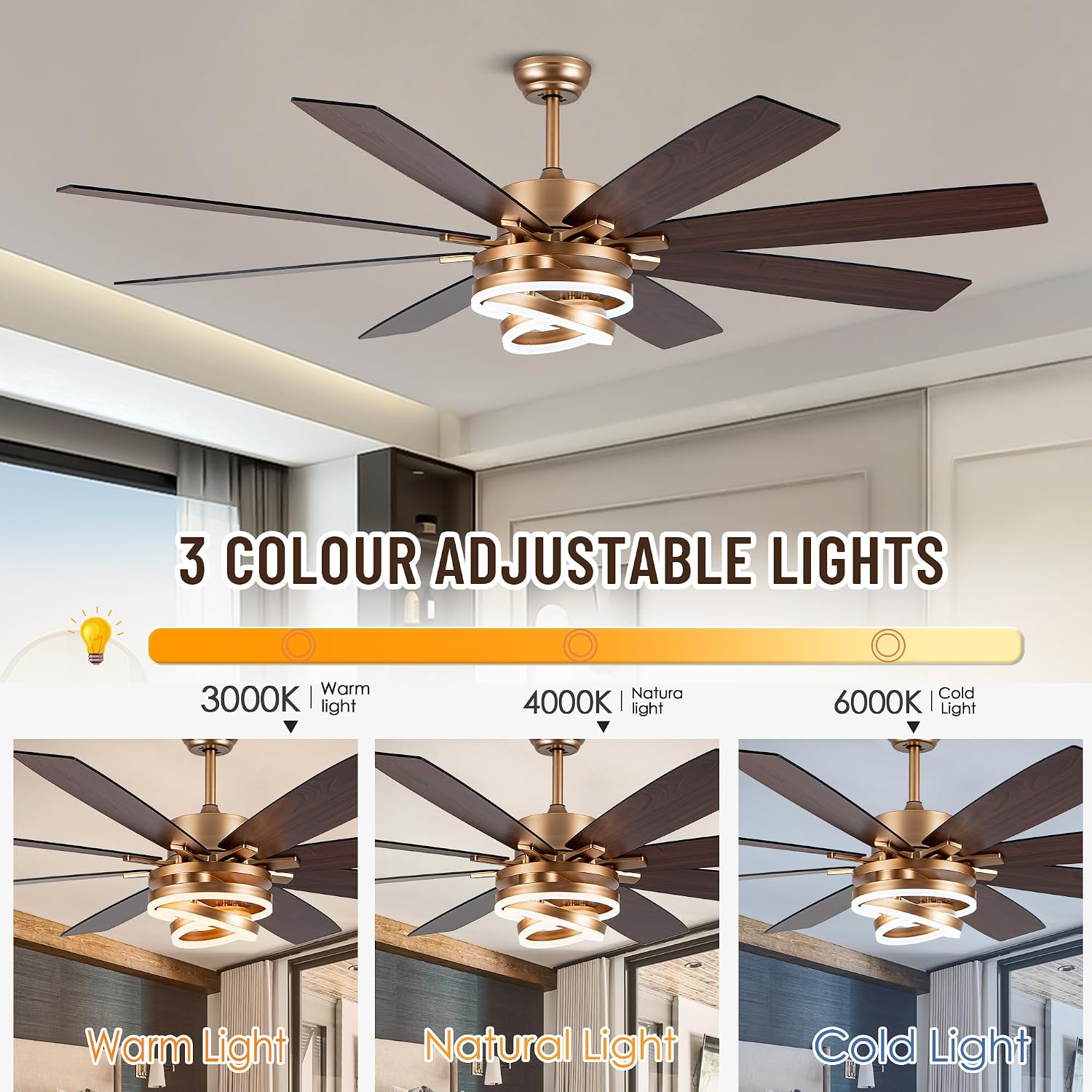 Farmhouse Ceiling Fans with Lights,Chandelier Fan with DIY Rings LED,Fandelier Ceiling Fans with Lights for Living Room/Bedroom (Gold-MD-DC7205-G, 72 Inch)