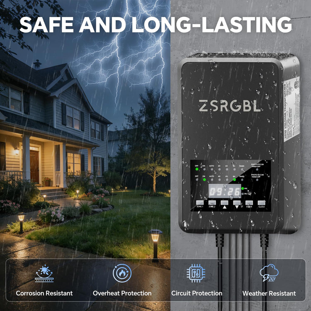 600W Low Voltage Transformer with 2 Zone Independent Control 120V AC to 12/14V AC Outdoor Weatherproof Landscape Lighting Transformer with Photocell Sensor and Timer for Spotlights, ETL Listed