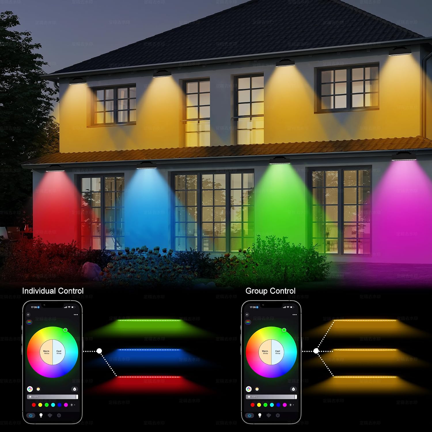 Party Lights Outdoor Smart Flood Light, 180W RGBCW Color Changing LED, 2700–6500K Tunable White, WiFi App & Voice Control, 50 Scenes, 1–100% Dimmable, IP65 Linkable Wall Washer Lights