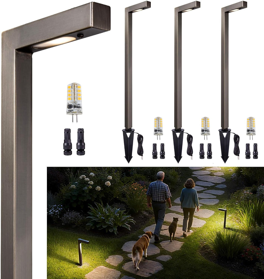 Gardenreet Brass Hardwired Landscape Path Lights, 12V Low Voltage Pathway Light IP65 Waterproof, Outdoor Walkway Lighting Wired, LED Bronze for Patio Lawn with 3W 3000K Soft White G4 Bulb (4 Pack)