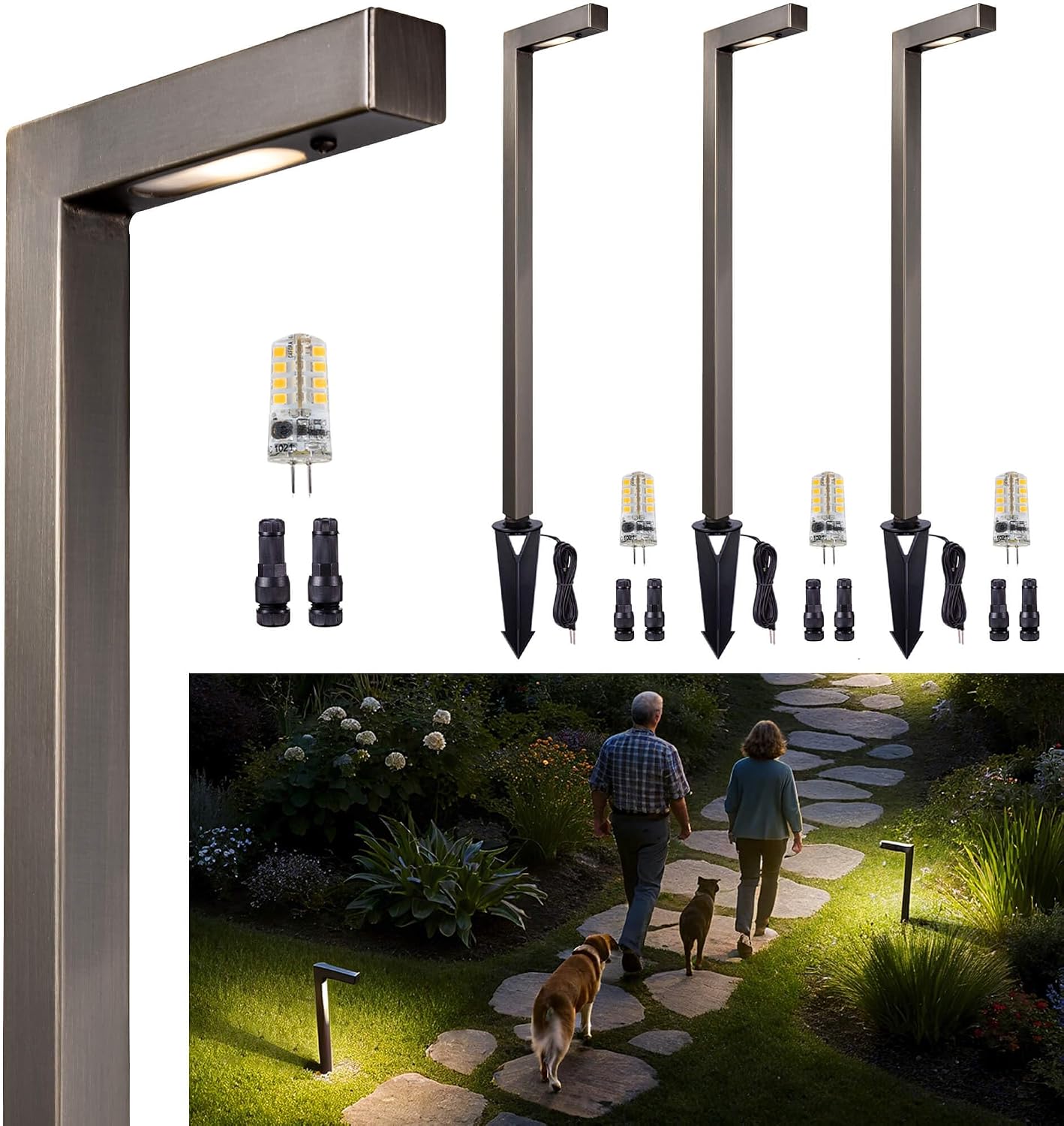 Gardenreet Brass Low Voltage Path Lights, Waterproof Landscape Pathway Light, 12V LED Outdoor Bronze L Shape Walkway Lamp for Driveway Yard Garden with 3W 270LM 4000K G4 Bulb 4 Pack