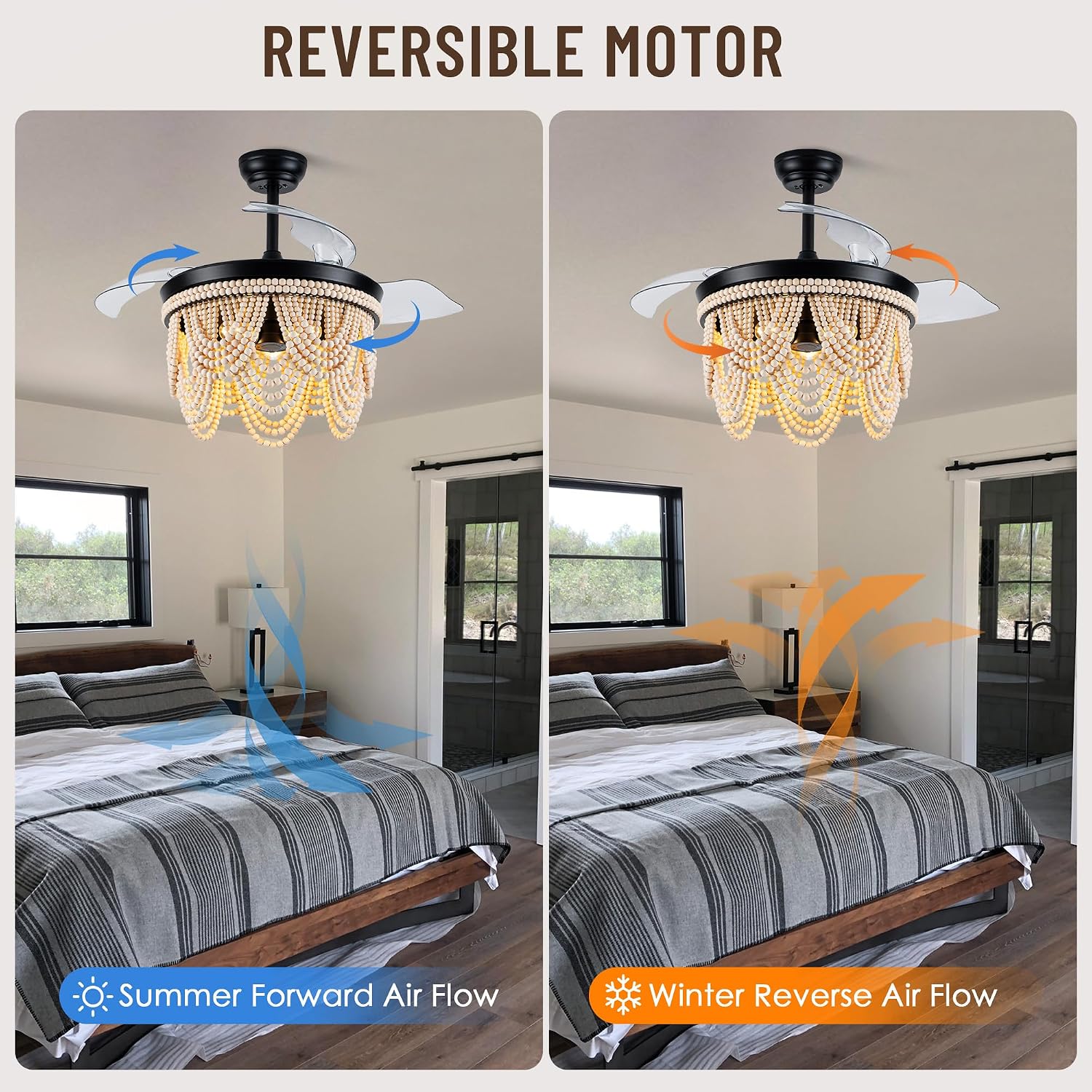 42'' Retractable Ceiling Fans with Lights and Remote,Bohemian Ceiling Fans with Wooden Beads,6 Speeds Reversible Bladeless Ceiling Fan for Bedroom Living Room Kitchen