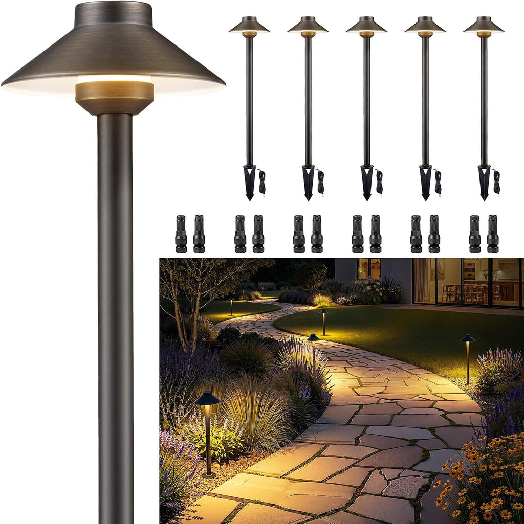 Gardenreet Brass Low Voltage Pathway Lights - 12V Landscape Path Lights Wired, LED Walkway Light Waterproof IP65, Hat Shaped ‎Classic Bronze for Outdoor Entrance Garden G4 Bulb Not Included (6 Pack)