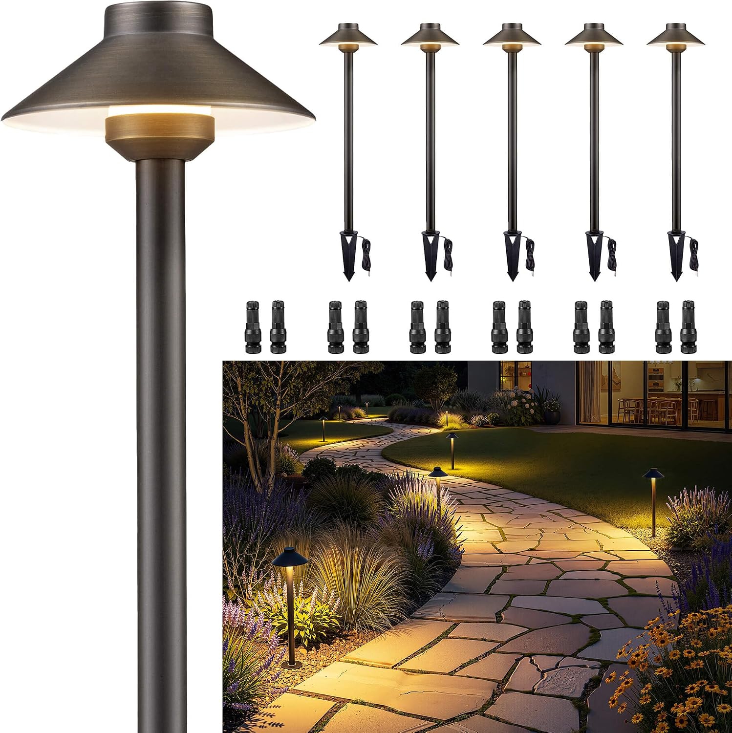 Gardenreet Brass Low Voltage Pathway Lights - 12V Landscape Path Lights Wired, LED Walkway Light Waterproof IP65, Hat Shaped ‎Classic Bronze for Outdoor Entrance Garden G4 Bulb Not Included (6 Pack)