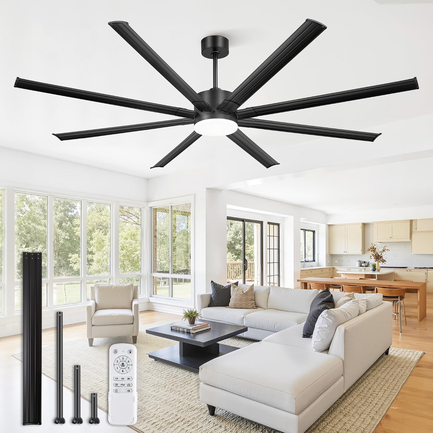 84 Inch Large Ceiling Fan with Lights & Remote, Black Modern Design, 8 Iron Blades & 15000 CFM High Airflow, Quiet Reversible DC Motor, 3CCT Lighting, 3 Downrods -for Bedroom, Living Room