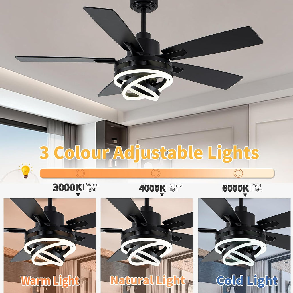 52' Farmhouse Ceiling Fans with Lights,Chandelier Fan with 6-Speed Dimmable LED and Reversible DC Motor,DIY Rings LED,Fandelier Ceiling Fan with 5 Dual Finish Blades for Living Room/Bedroom