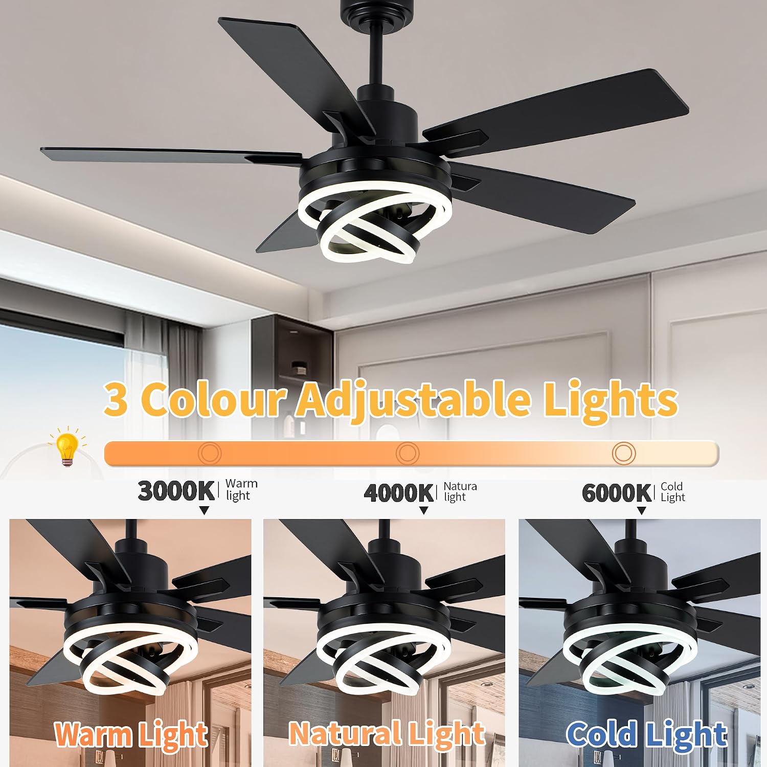 52' Farmhouse Ceiling Fans with Lights,Chandelier Fan with 6-Speed Dimmable LED and Reversible DC Motor,DIY Rings LED,Fandelier Ceiling Fan with 5 Dual Finish Blades for Living Room/Bedroom