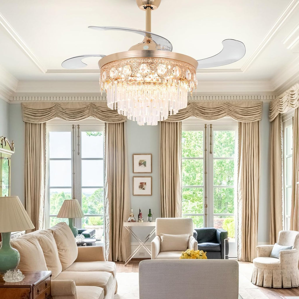 42' Gold Retractable Ceiling Fan with Lights, Luxury Gold Crystal Chandelier Fan 6 Speeds 3 Colors Modern Ceiling Fan for Living Room