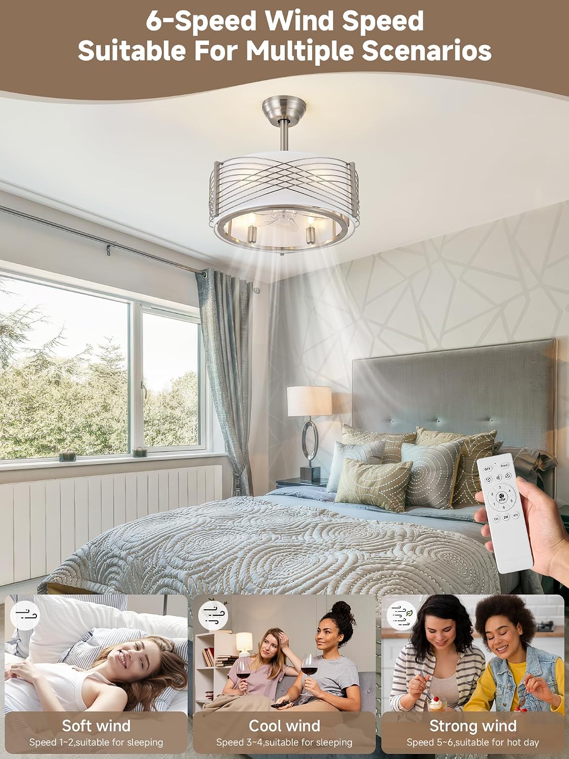 20' Fandelier Ceiling Fans with Lights, Silver Caged Ceiling Fan with Light Remote Control, Mid-Century Modern with 6 Speeds for Bedroom, Nursery, Living Room (Silver)