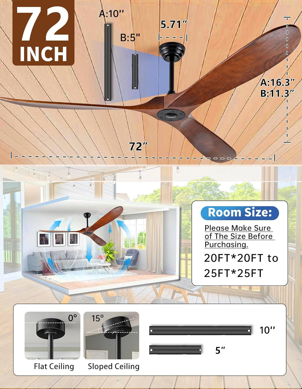 72 Inch Outdoor Ceiling Fan no Light,Solid Wood Ceiling Fans Without Lights with Remote Control/Wall Control,Large 3 Blades Walnut Propeller for Patio,Porch,Living Room,Bedroom,Farmhouse