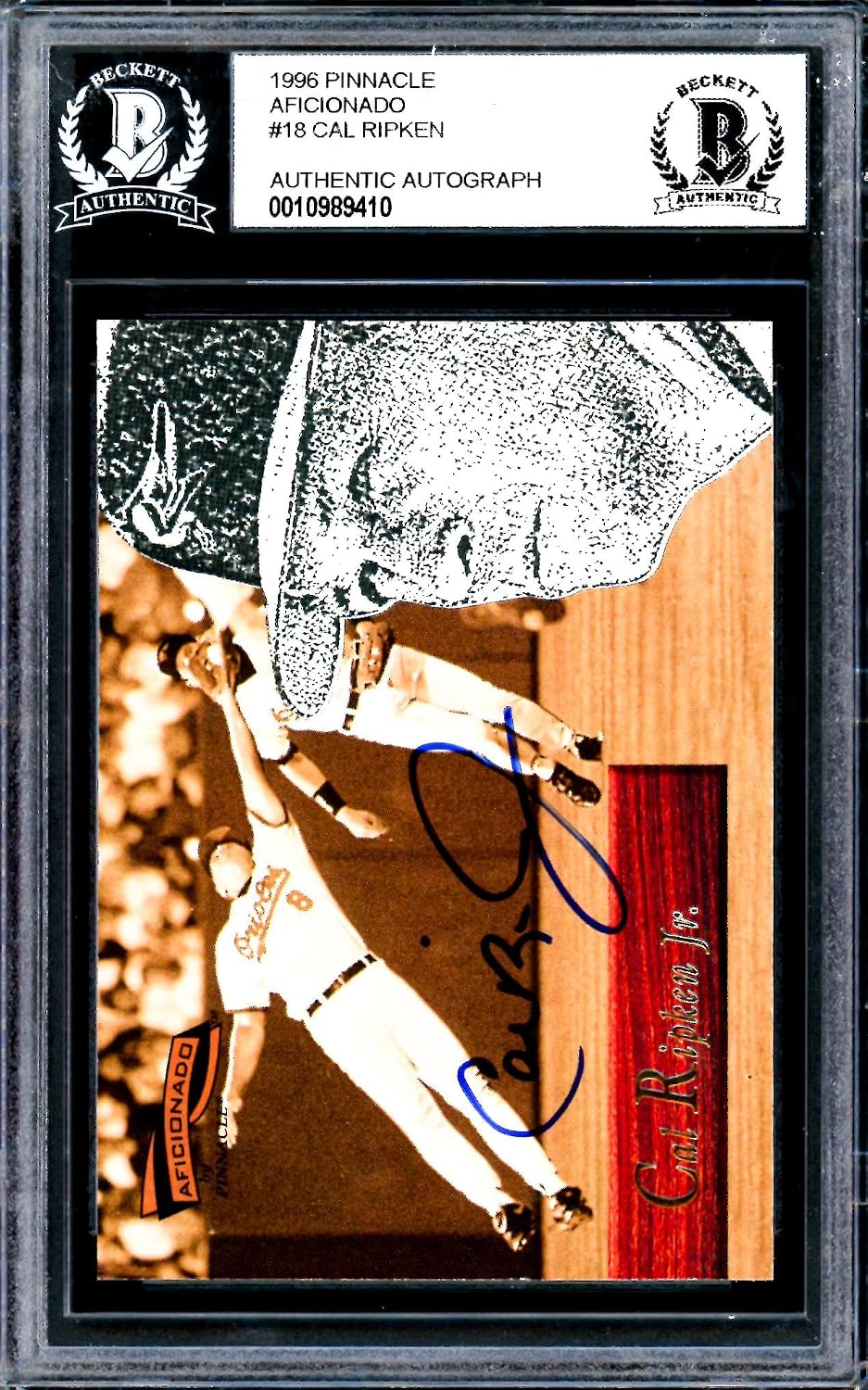 Cal Ripken Jr. Autographed 1996 Pinnacle Aficionado Card #18 Baltimore Orioles Beckett BAS #10989410 - Baseball Slabbed Autographed Cards