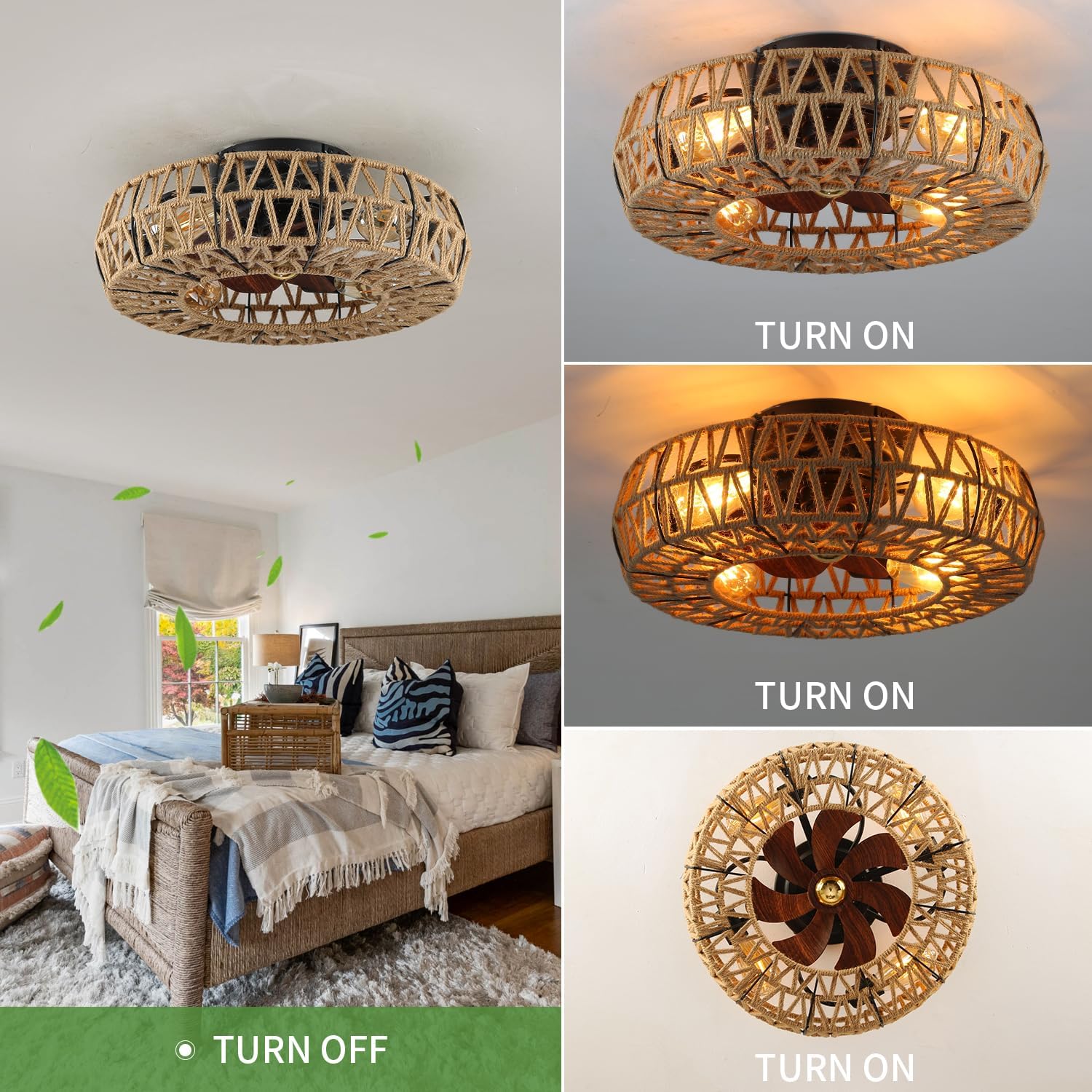 20 Inch Boho Caged Bladeless Ceiling Fan with Light,Flush Mount Rattan Fandelier Ceiling Fans Lights and Remote Contro,Enclosed 6 Speeds Low Profile Farmhouse Fan Light for Bedroom,Kitchen,Living Room