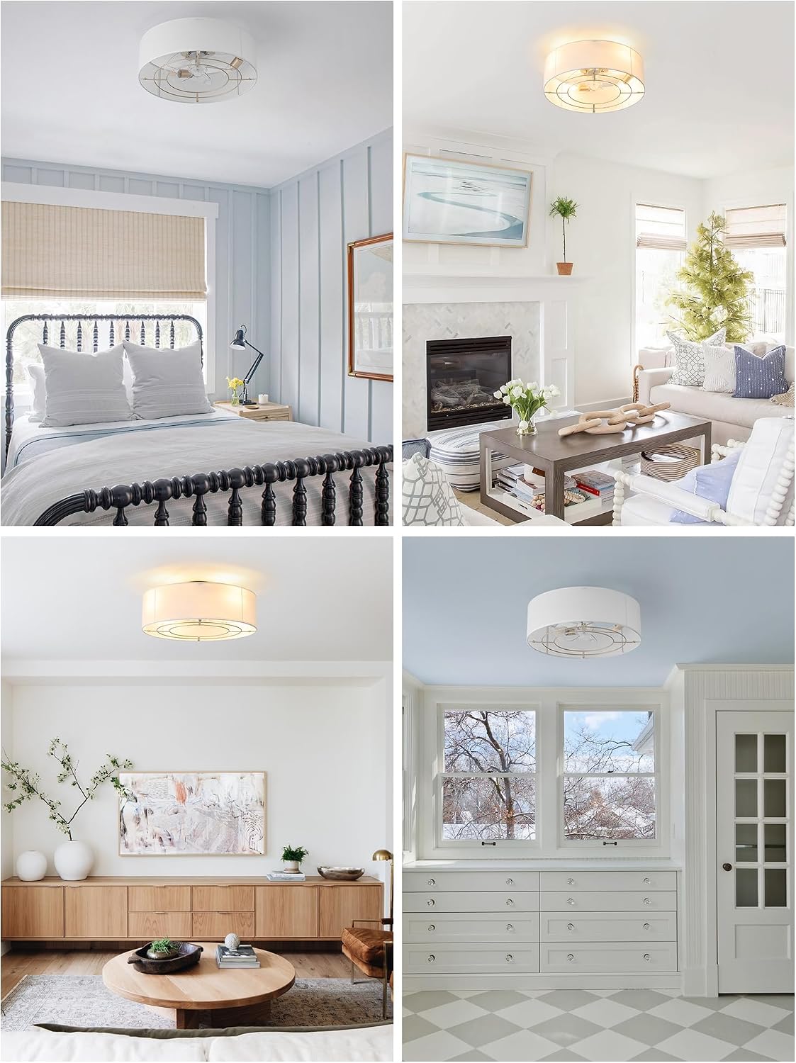 Low Profile Ceiling Fans with Lights, 20' Flush Mount Ceiling Fan with Light, Boho Bladeless with 6 Speeds, Rattan Remote Control for Bedroom, Nursery, Living Room