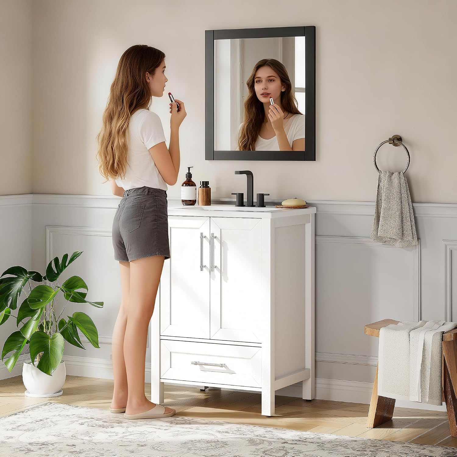 Garvee 24' Bathroom Vanity with Sink, Freestanding Bathroom Sink Cabinet with 2 Soft-Closing Doors & Large Storage Drawer, Wood Vanity Cabinet, Easy Assembly & Cleaning, White