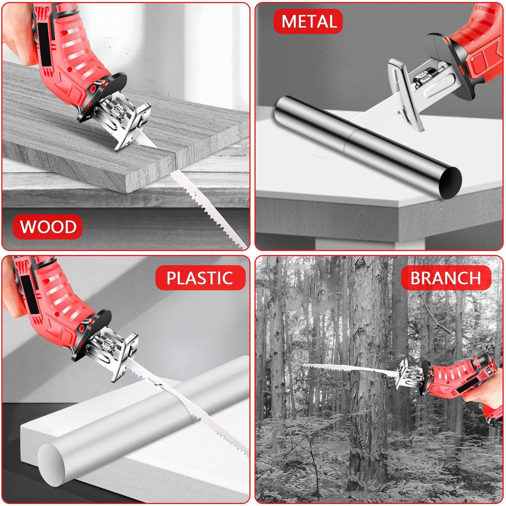 One-Handed Reciprocating Saw, Cordless Electric Meat/Bones Saw with Battery / 4 Saw Blades/LED Light, for Wood & Metal Cutting