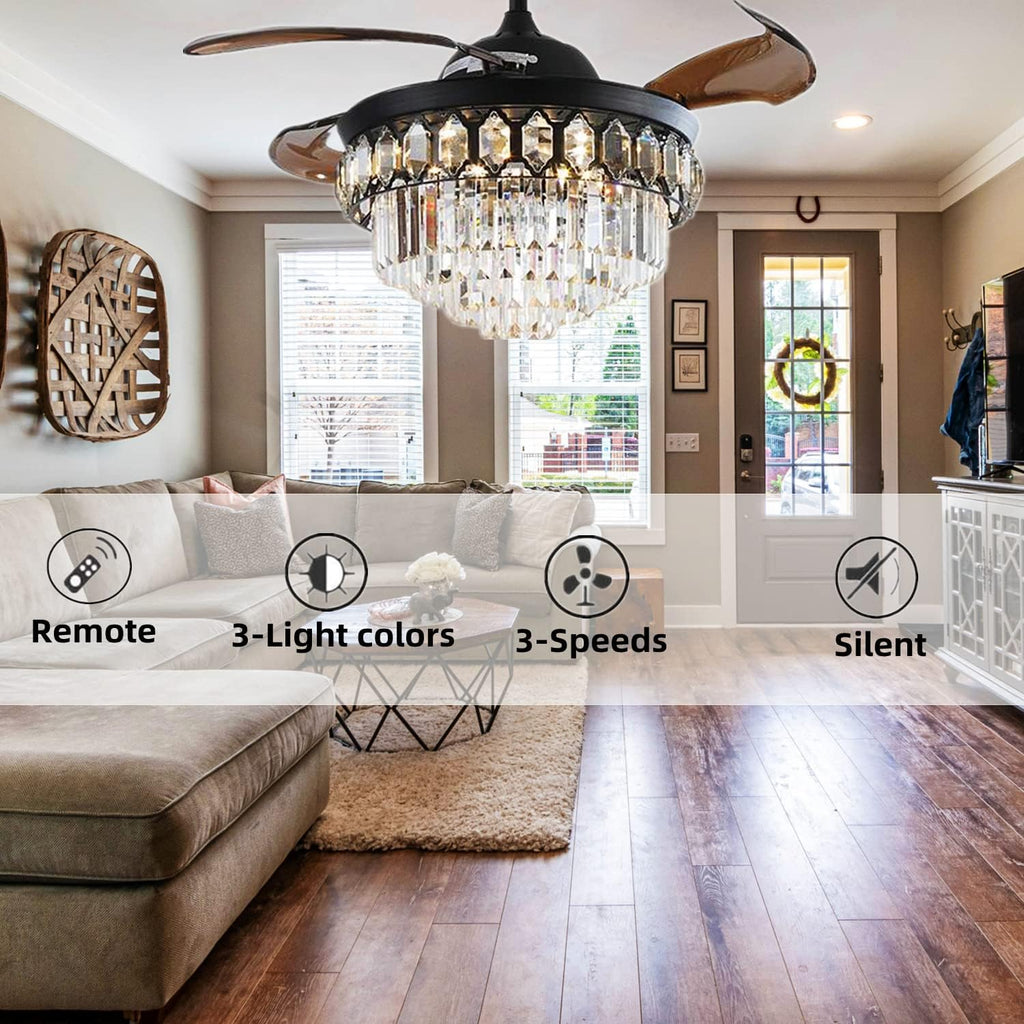 42'' Crystal Ceiling Fan with Light Modern Luxury Black Pendant Chandelier Geometric Design Led Light Fixture, Remote 3 Gears Adjustable Light Colors and Fan Speeds, Silent Motor