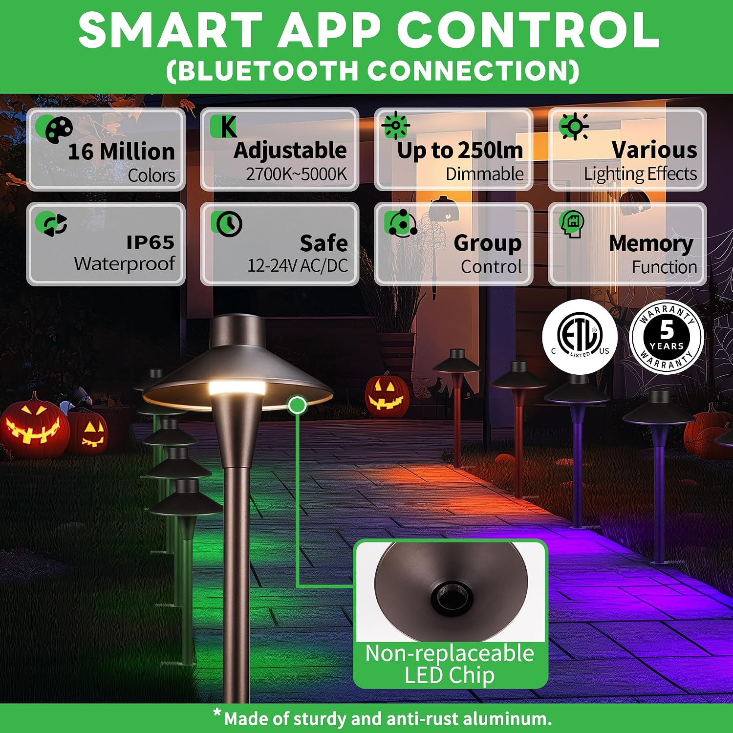 Smart RGBCW Landscape Path Lights, 12V App Color Changing Pathway Light Wired Waterproof with Timer, Hat Shape Low Voltage LED Outdoor Pathlight Aluminum 5W ORB for Sideway Step (8 Pack)