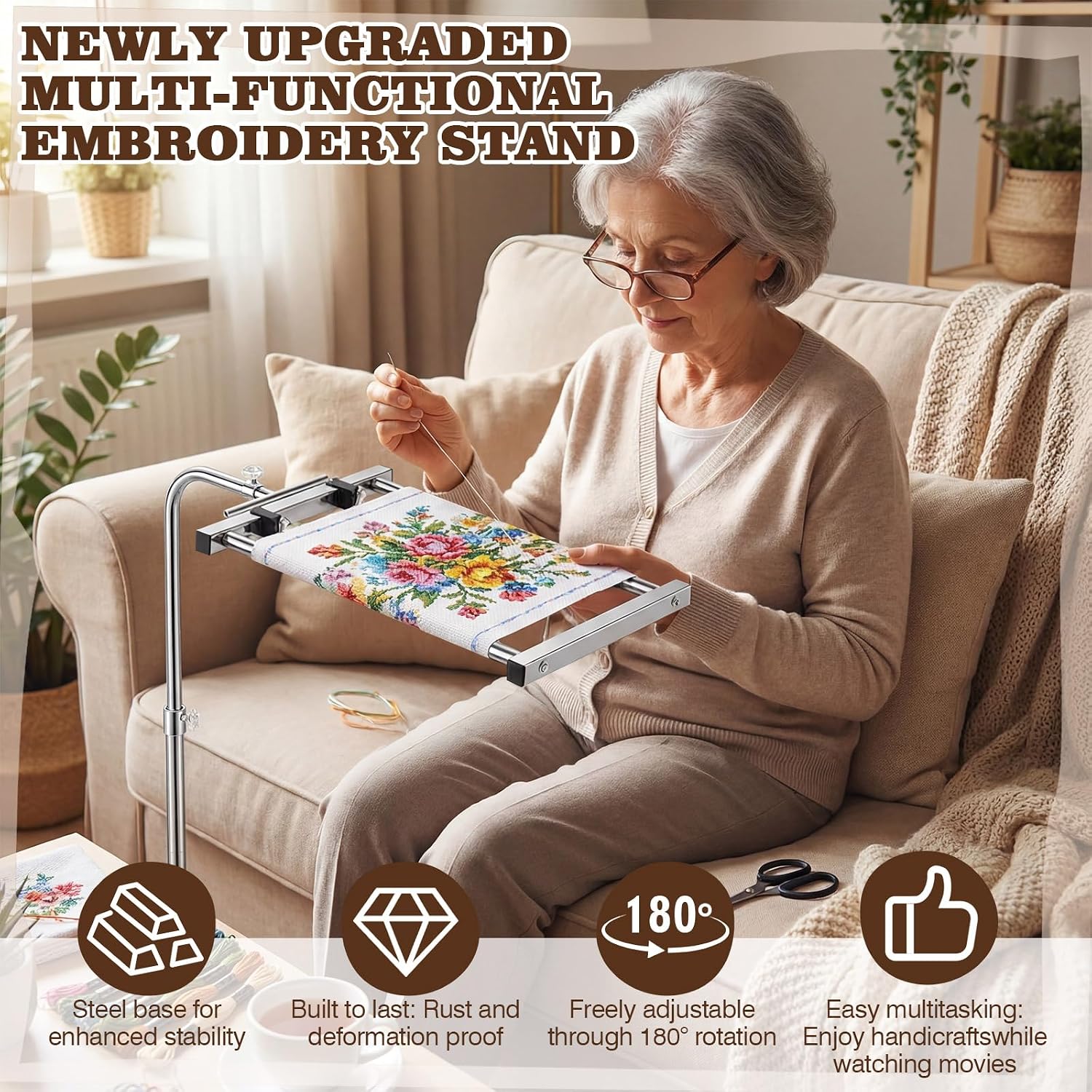 Novabright Adjustable Embroidery Stand with Side Clamp—Needlework Frame Holder for Cross Embroidery, Punch Needle, and Hand Sewing Projects Fits Scroll Rods up to 20 Inches & Q-Snap Frames
