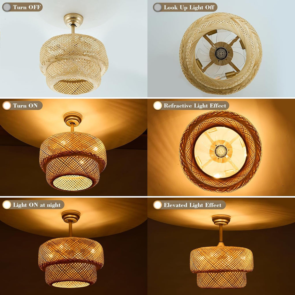 19.3' Bamboo Caged Ceiling Fan with Lights and Remote,4-Light Boho Rattan Ceiling Fan with Light Reversible Motor, Farmhouse Rattan Chandelier Fan for Bedroom, Living Room