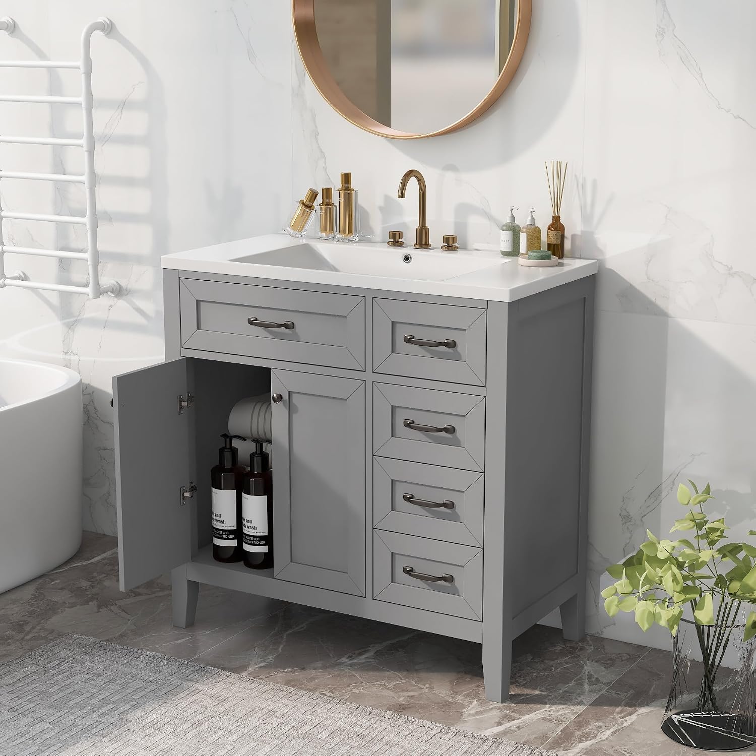 36' Bathroom Vanities Cabinet with Ceramic Sink Top, Two Doors and Three Drawers, Soft-Closing Door, Solid Wood Legs, Gray