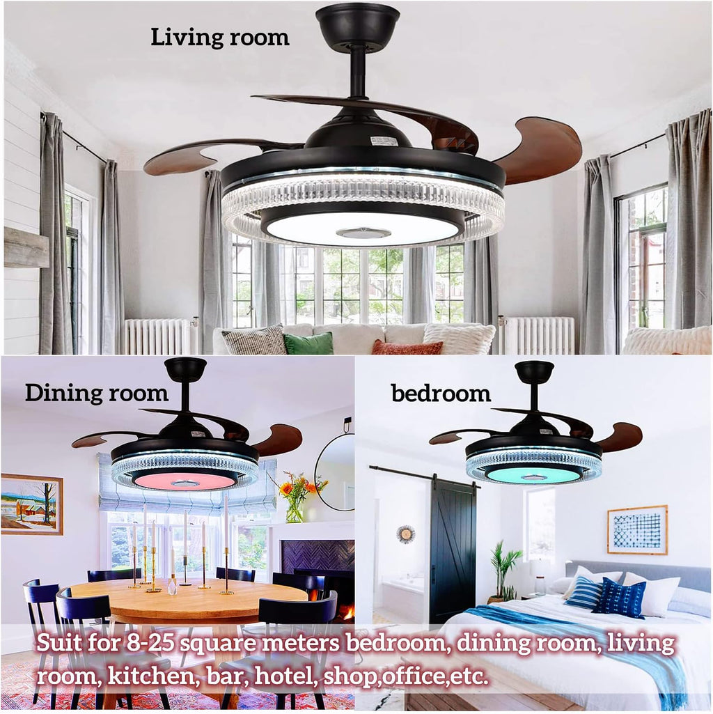 FANPERO 42' Smart Ceiling Fan with Lights Remote Control, Black Crystal Fandelier with Bluetooth Speaker, 7 Color Dimmable Retractable LED Chandelier Fans with Reversible Silent Motor, 6 Speeds