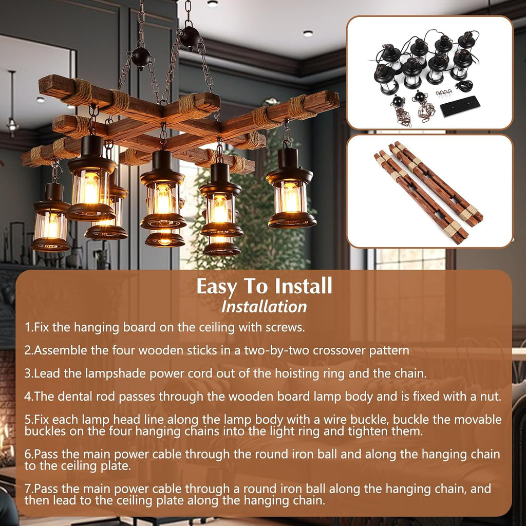 8-Head Industrial Wooden Chandeliers, Vintage Wooden Chandeliers, Durable Vintage Lamps, Retro Ceiling Light, Farmhouse Chandelier Hanging, for Pool Table Kitchen Bar
