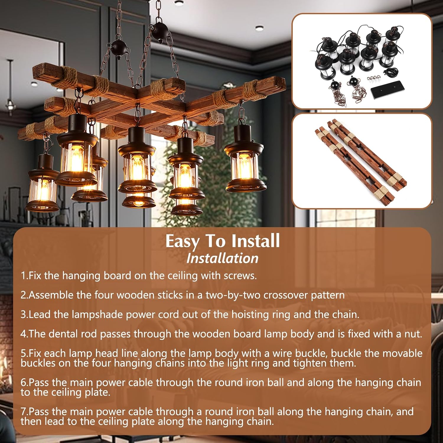 8-Head Industrial Wooden Chandeliers, Vintage Wooden Chandeliers, Durable Vintage Lamps, Retro Ceiling Light, Farmhouse Chandelier Hanging, for Pool Table Kitchen Bar
