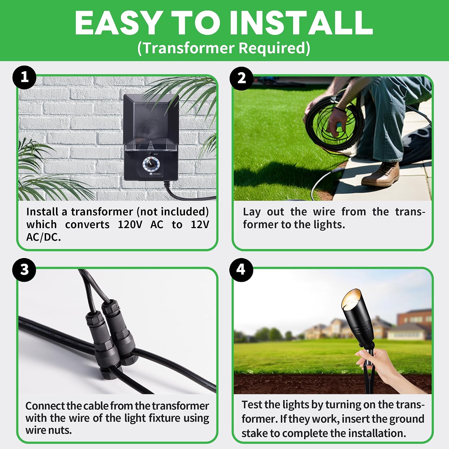 Black 12V Landscape Spotlight Kit, 4 Pack LED Low Voltage Outdoor Light and 100FT Cable and 20 Wire Connectors, Aluminum Uplight for Plant Fence Yard Outside Decoration, Without Transformer