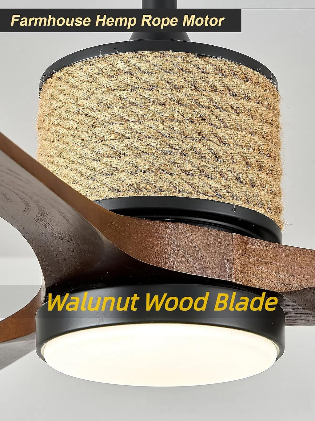 60in Dimmable Black Ceiling Fan Lights with Remote Control 3 Blade Hemp Rope Farmhouse Ceilings Fan with Light Walnut Wood LED Ceiling Fan Outdoor for Patio Kitchen Bedroom Living Room