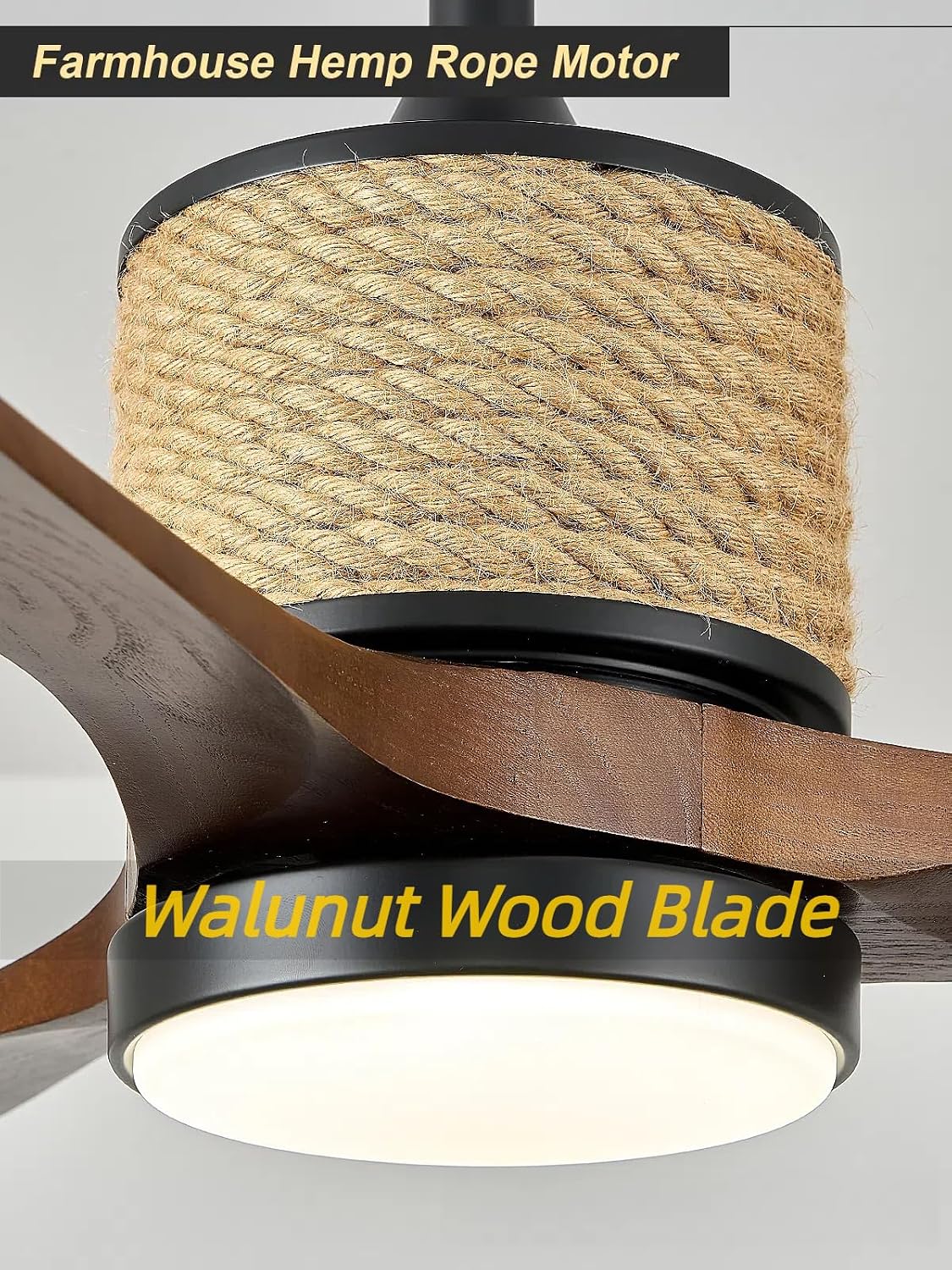 60in Dimmable Black Ceiling Fan Lights with Remote Control 3 Blade Hemp Rope Farmhouse Ceilings Fan with Light Walnut Wood LED Ceiling Fan Outdoor for Patio Kitchen Bedroom Living Room