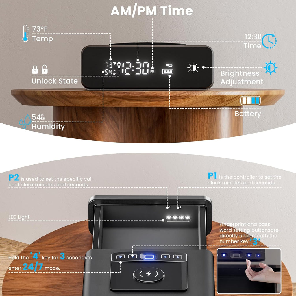 Mboko Biometric Discreet Gun Safe with 12-Hour Time Clock Display, Wireless Charging Pistol Safe for Handgun with Adjustable Brightness, Backlit Keypad, LED Light, Gifts for Father's Day（Black）