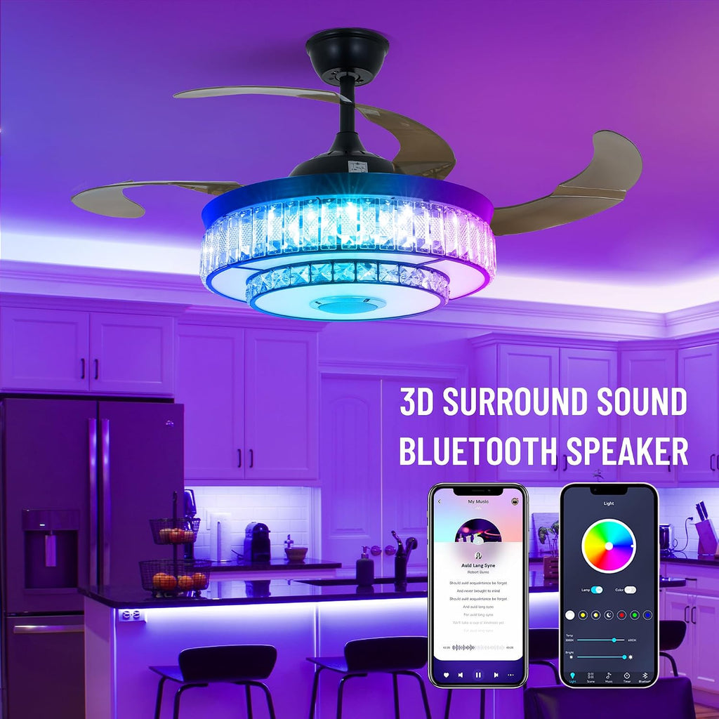 42' Bluetooth Chandelier Ceiling Fan with Light, Fandelier with Reversible Motor, Modern Retractable Ceiling Fan Light and Music Speaker RGB Color Change with Remote Control for Living Room/Bedroom