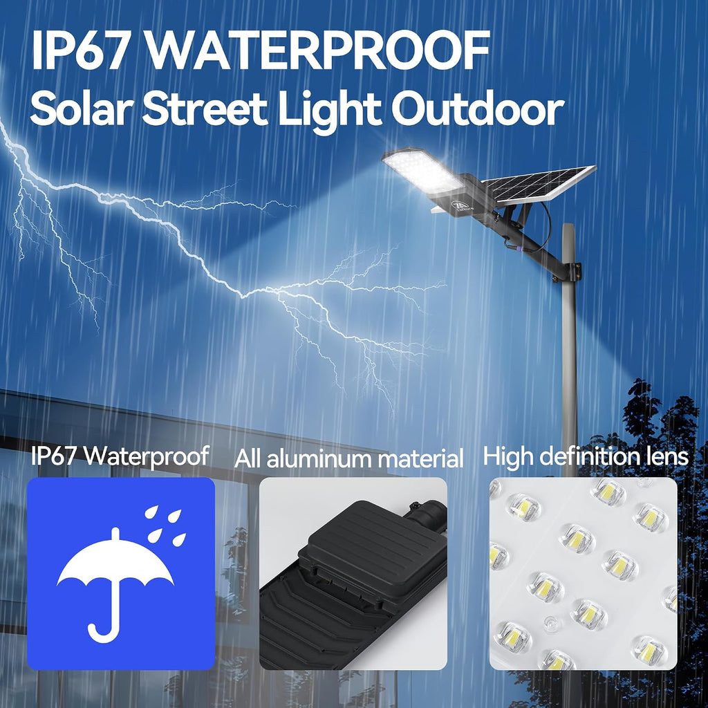 9500W Solar Street Lights Outdoor, 40000mAh IP67 Waterproof Solar Security Flood Lights 7000K 450000LM Super Bright LED Beads Commercial Parking Light with Remote Control for Street, Court, Barn-Black