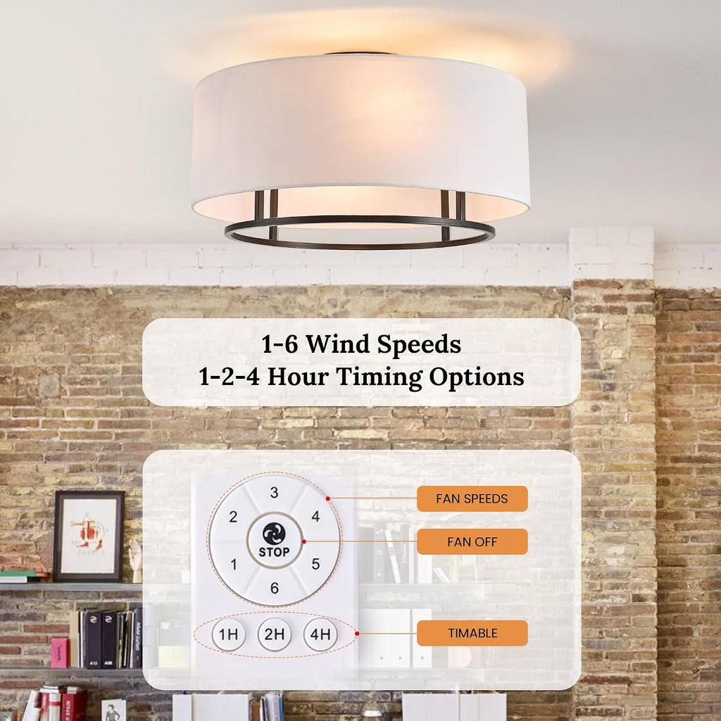 20' Black Boho Caged Linen Low Profile Ceiling Fan with Remote, 6 Speeds