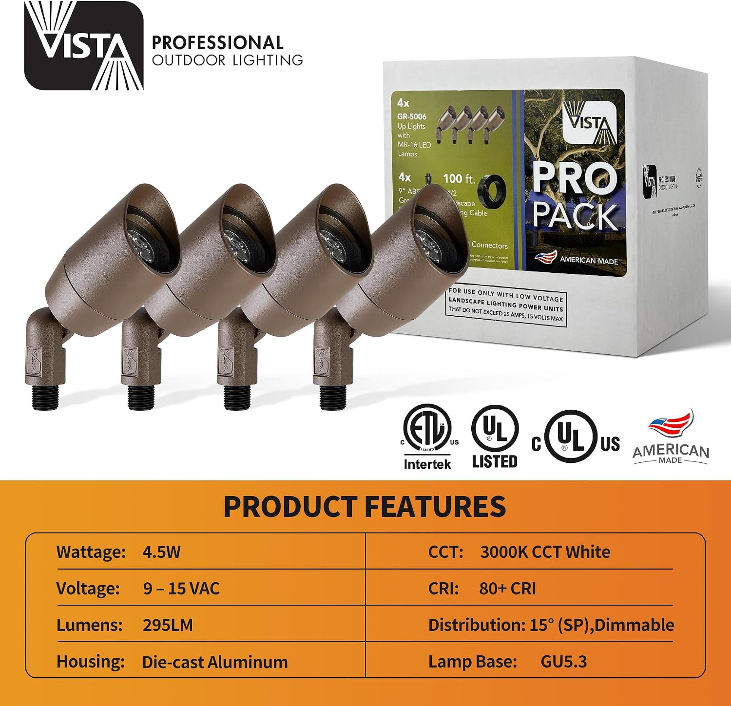 VISTA 4 Pack Cast Aluminum Landscape Spotlights, Low Voltage Landscape Lighting, 100FT 14/2 Landscape Wire, Spot Lights Outdoor with 4.5W MR16 LED Bulb for Yard, Garden, Lawn, Tree (Bronze)