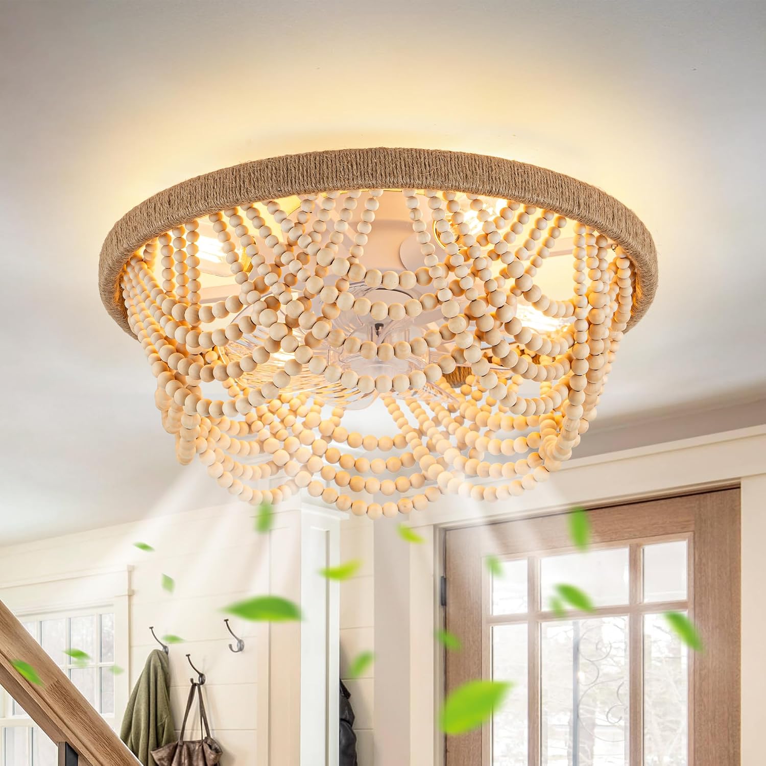 20'' Boho Ceiling Fan with Light and Remote, Wood Beads Flush Mount Ceiling Fans with 6 Speeds, Bohemian Caged Fandelier Chandelier Fan for Nursery Bedroom Living Room Hallway Patio Kitchen