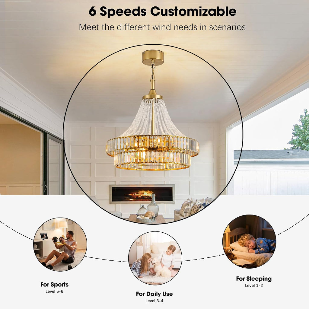 24' Modern Crystal Chandelier Ceiling Fan with Lights, Remote & App Control, 6-Speed Reversible Large Fandelier, Double Layer Design for Bedroom, Living Room (Luxury Gold)