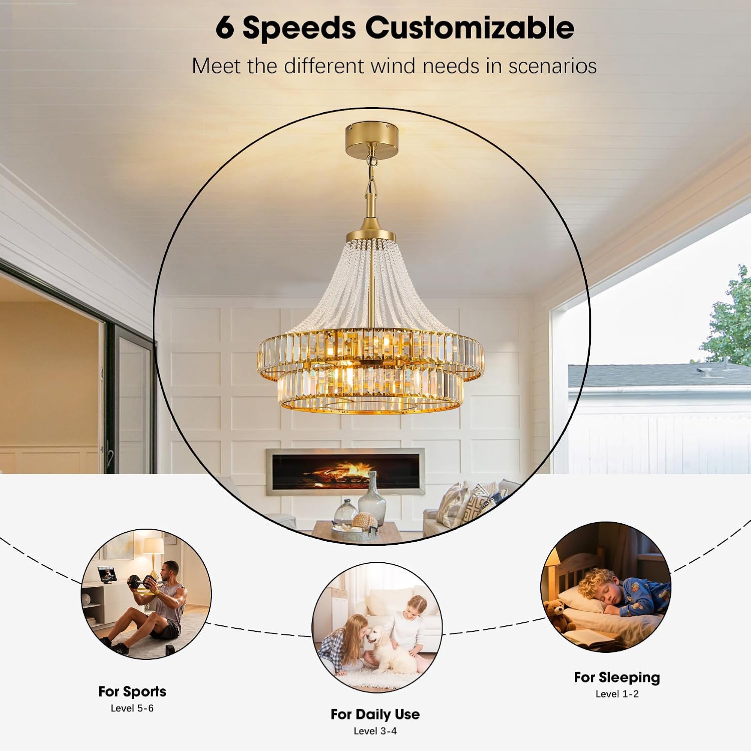 24' Modern Crystal Chandelier Ceiling Fan with Lights, Remote & App Control, 6-Speed Reversible Large Fandelier, Double Layer Design for Bedroom, Living Room (Luxury Gold)
