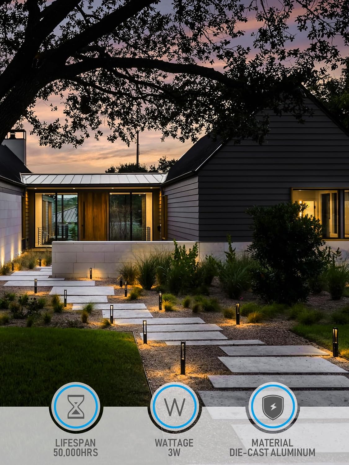 LEONLITE 10-Pack Low Voltage Path Lights, 3W LED Landscape Pathway Lights, Outdoor Landscape Lighting for Driveway, Garden, Aluminum, 12-24V AC/DC, ETL, IP65 Waterproof, 3000K Warm White, Black