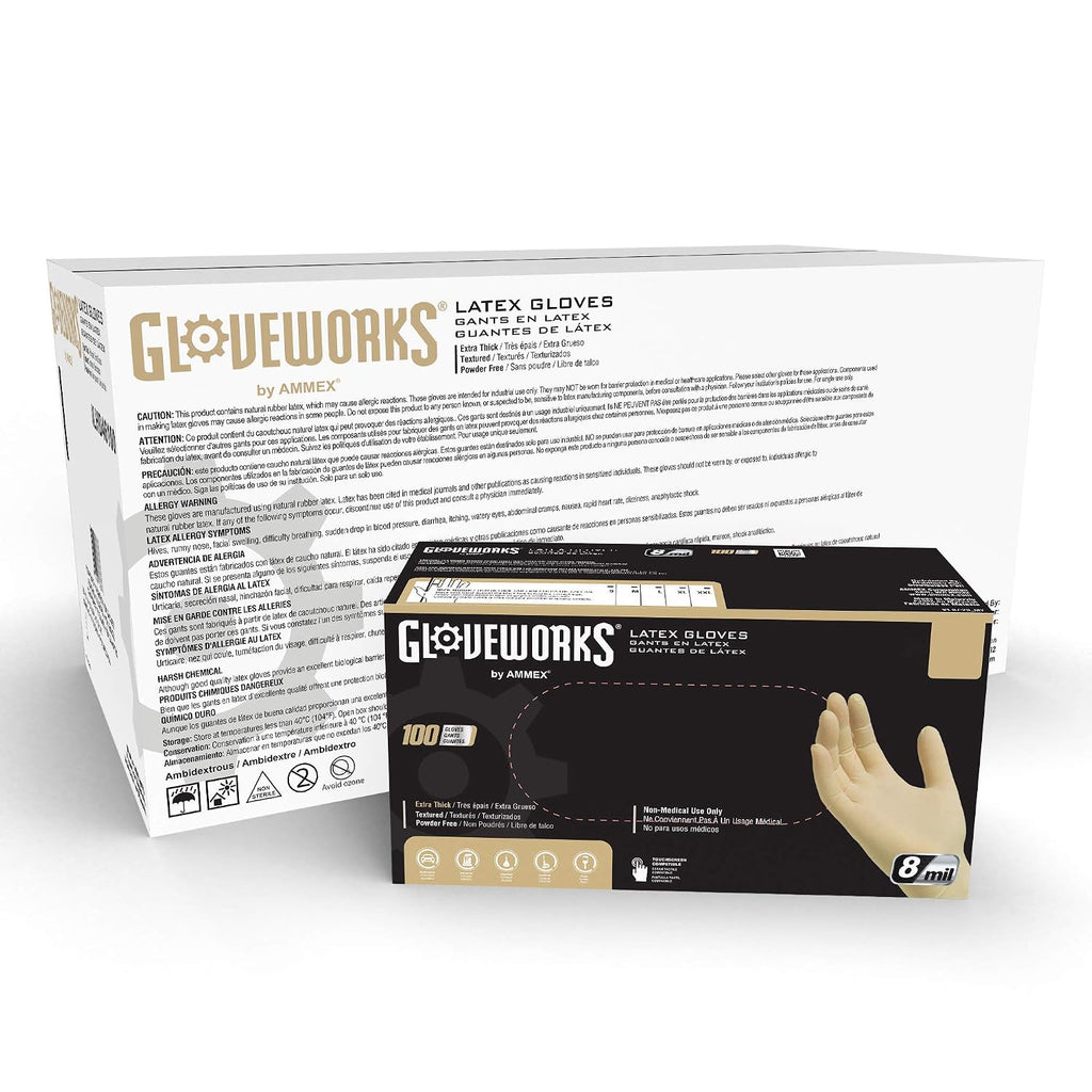 GLOVEWORKS HD Ivory Latex Industrial-Grade Disposable Gloves, 8 Mil, Powder-Free, Double Chlorinated, Large, Case of 1000