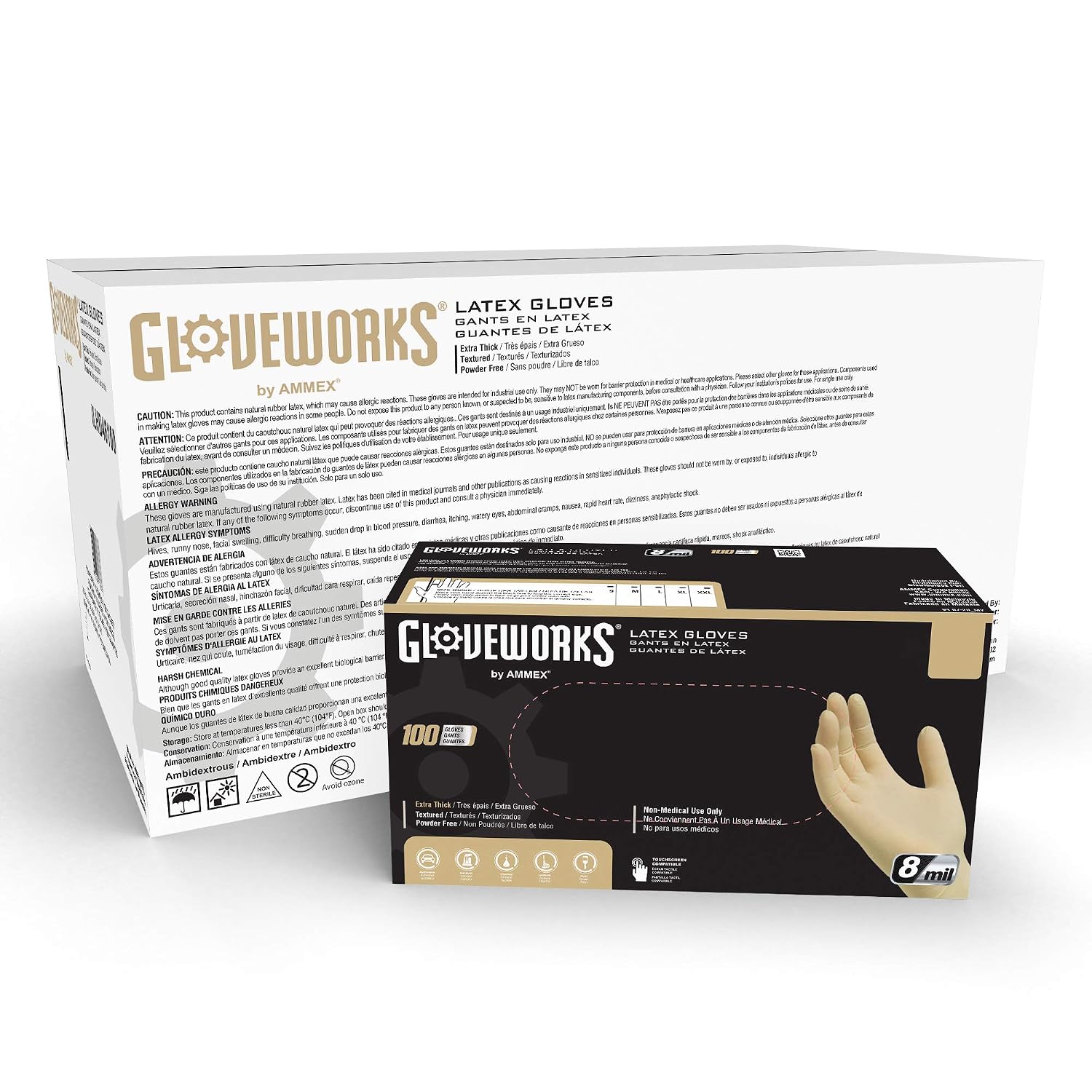 GLOVEWORKS HD Ivory Latex Industrial-Grade Disposable Gloves, 8 Mil, Powder-Free, Double Chlorinated, Large, Case of 1000