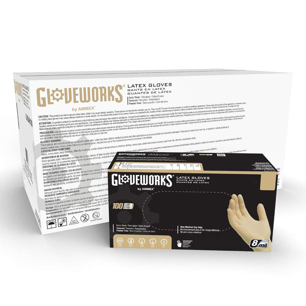 GLOVEWORKS HD Industrial Ivory Latex Gloves, Case of 1000, 8 Mil, Size X-Large, Powder Free, Textured, Disposable, ILHD48100