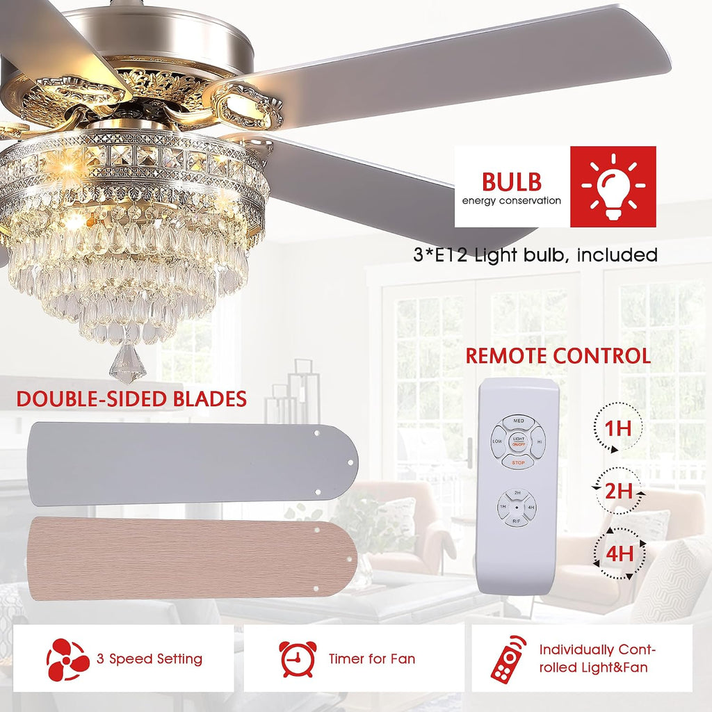 GJeg Crystal Ceiling Fan Fandelier with Lights - Retro Outdoor Fans with Remote Control, Farmhouse Ceiling Fan with Noiseless AC Reversible Motor,Dining Room,Living Room(52' Silver)