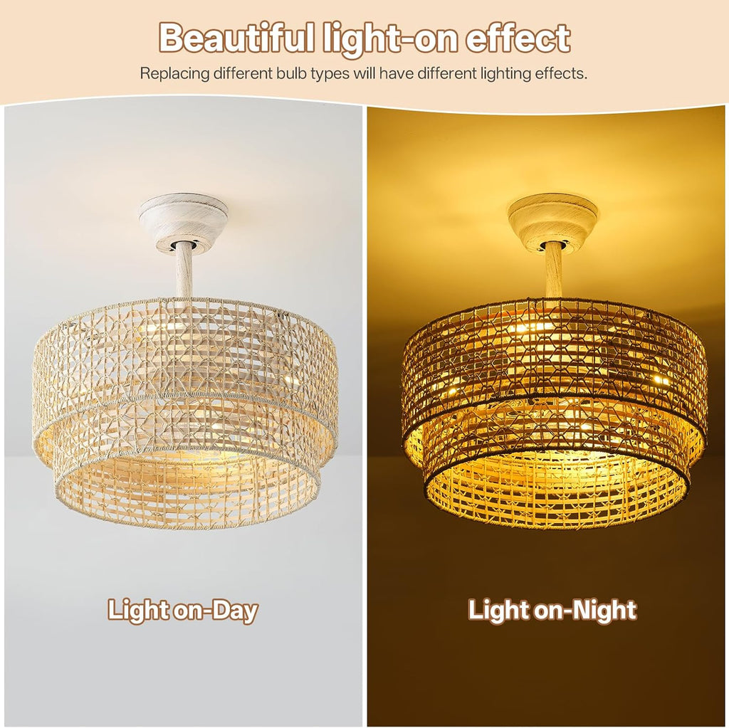 20' Boho Ceiling Fans with Lights, Rattan Fandelier Chandelier Ceiling Fan with Light Remote Control, Caged with 6 Speeds for Bedroom, Nursery
