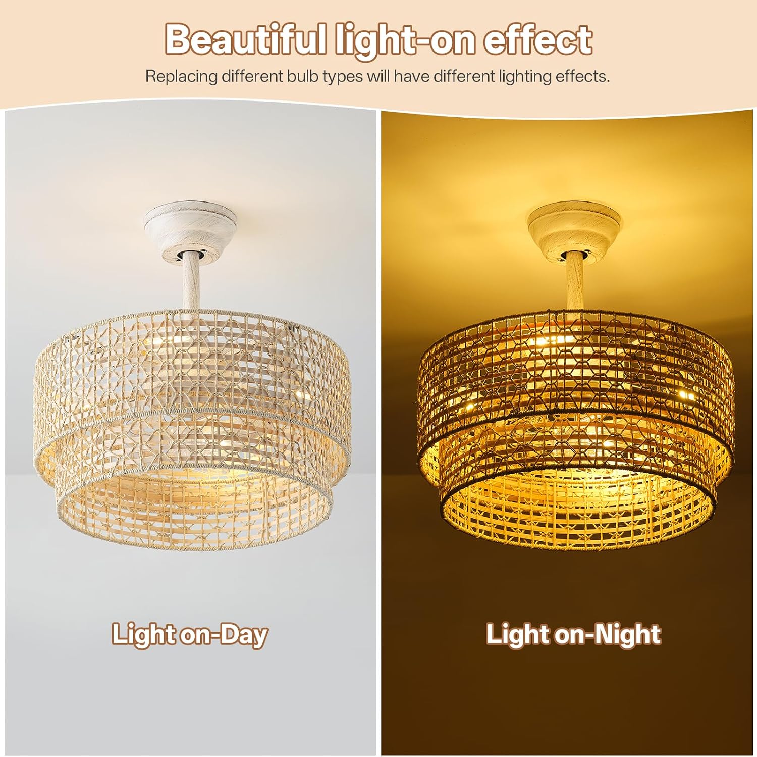 20' Boho Ceiling Fans with Lights, Rattan Fandelier Chandelier Ceiling Fan with Light Remote Control, Caged with 6 Speeds for Bedroom, Nursery
