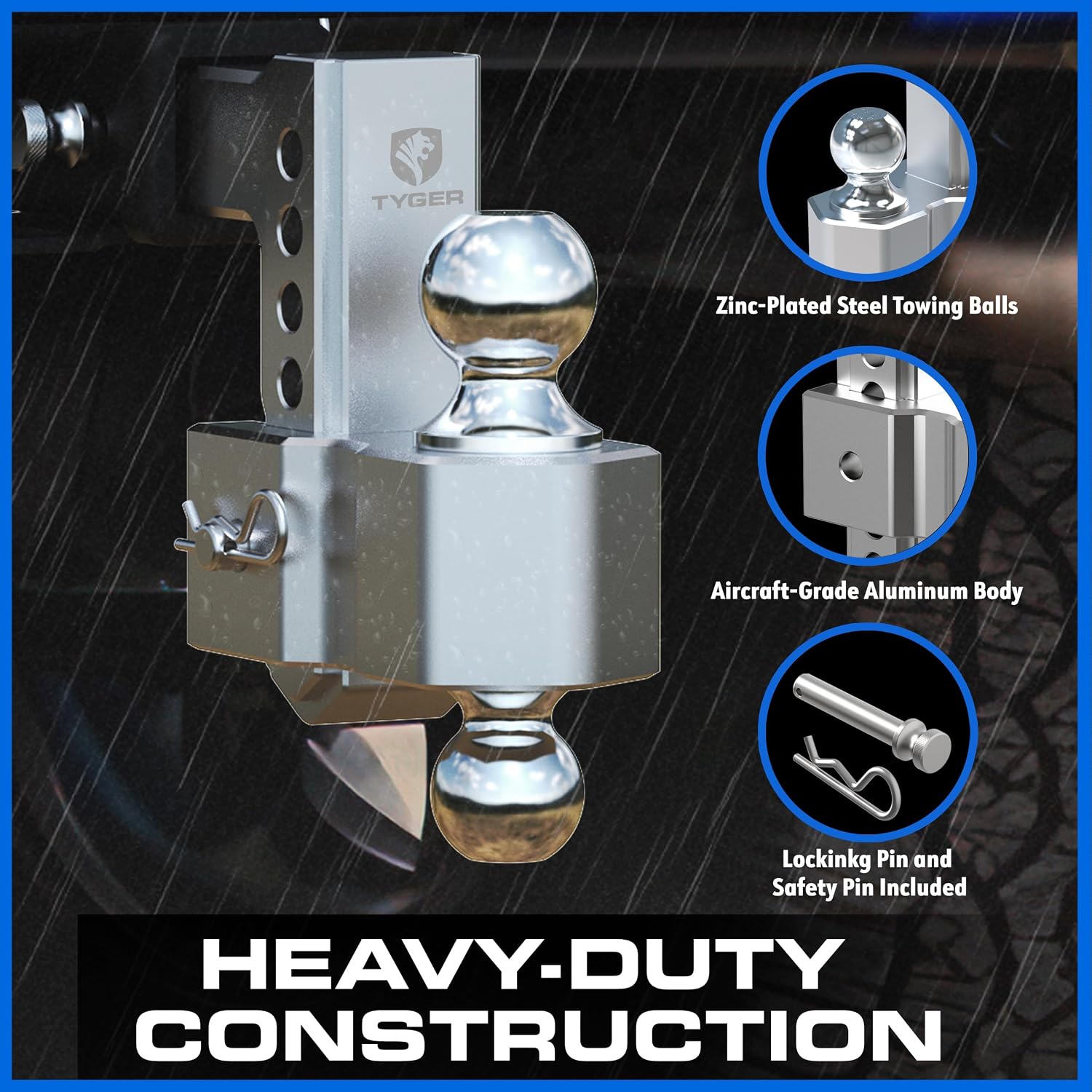 Tyger Auto Adjustable Drop Hitch Dual-Ball Mount with 2' and 2-5/16' Towing Balls | Fits 2' Receivers | 12500 lbs GTW | Aluminum | Trailers Boats ATVs RVs | TG-DB6U12047