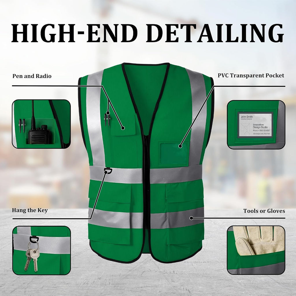 Custom Safety Vest, High Visibility Reflective Personalized Vest with Logo and Pockets for Men Women Construction