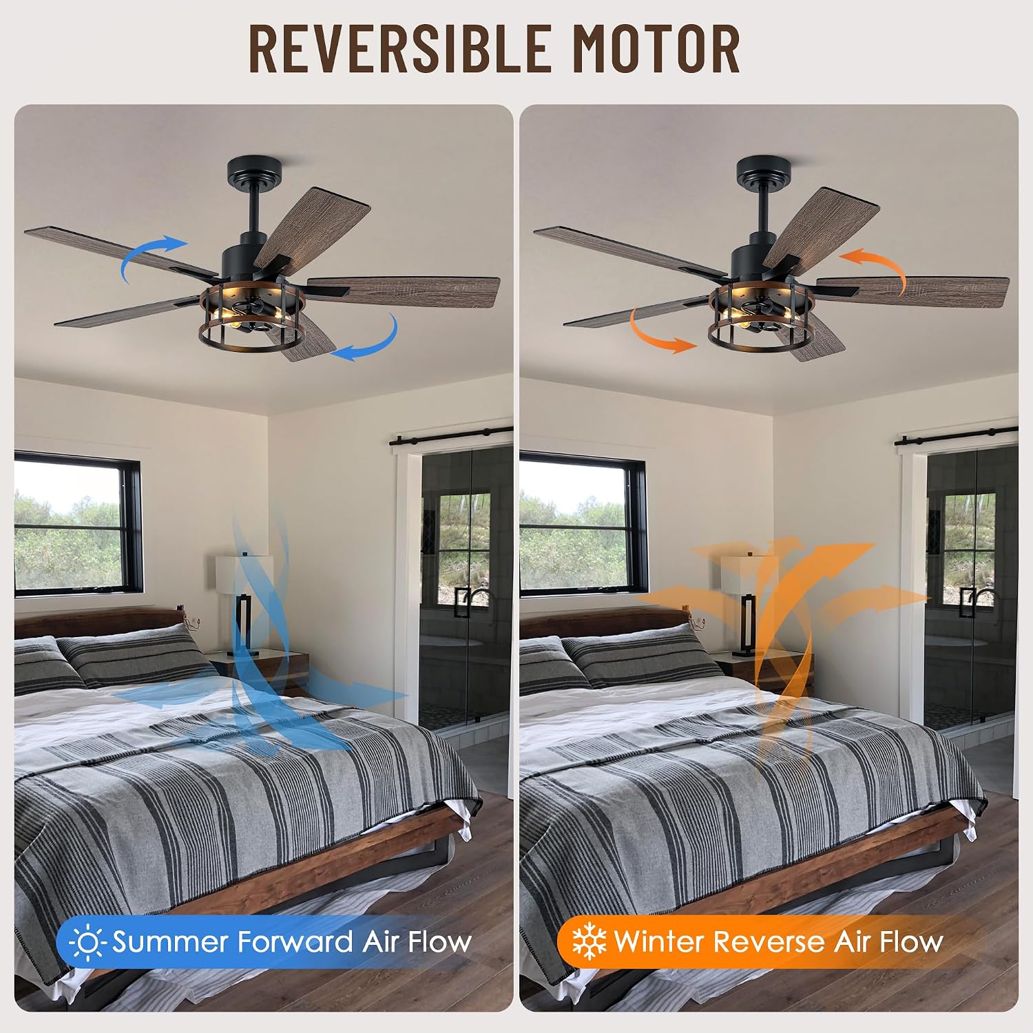 52IN Farmhouse Ceiling Fans with Lights and Remote,Chandelier Ceiling Fan with Reversible DC Motor,5 Double Finish Wood Blades,6 Speeds,Rustic Caged Ceiling Fan for Living Room,Dining Room,Bedroom