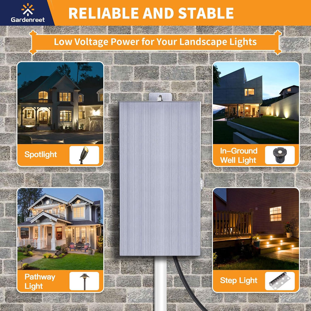 Gardenreet 300W Low Voltage Landscape Lighting Transformer - ETL Listed IP65 Multi-Tap (120V AC to 12V-13V-14V-15V AC) with Mechanical Timer, Stainless Steel Shield for Outdoor, Spotlight, Path Light